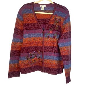 Orvis Lambswool striped cardigan with floral embroidery XL